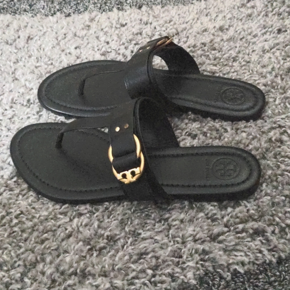 Tory Burch Marsden Flat Gold Logo Hardware Sz 7.5 Black Leather